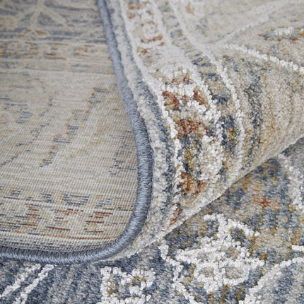 9' X 13' Blue Taupe And Ivory Ikat Distressed Area Rug With Fringe