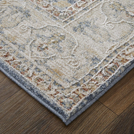 9' X 13' Blue Taupe And Ivory Ikat Distressed Area Rug With Fringe