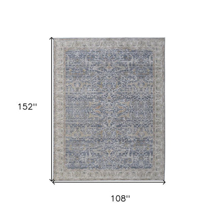 9' X 13' Blue Taupe And Ivory Ikat Distressed Area Rug With Fringe