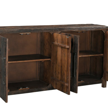 72" Dark Brown Distressed Reclaimed Wood Sideboard With Four Doors HomeRoots