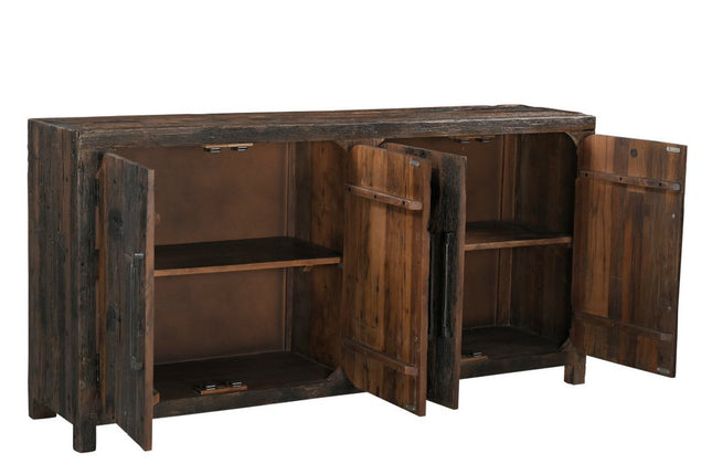 72" Dark Brown Distressed Reclaimed Wood Sideboard With Four Doors HomeRoots