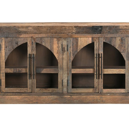 72" Brown Distressed Reclaimed Wood Sideboard With Four Glass Doors HomeRoots