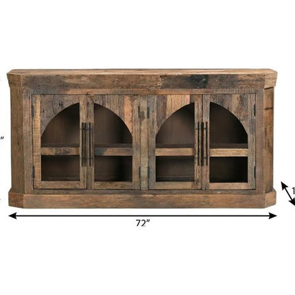 72" Brown Distressed Reclaimed Wood Sideboard With Four Glass Doors HomeRoots