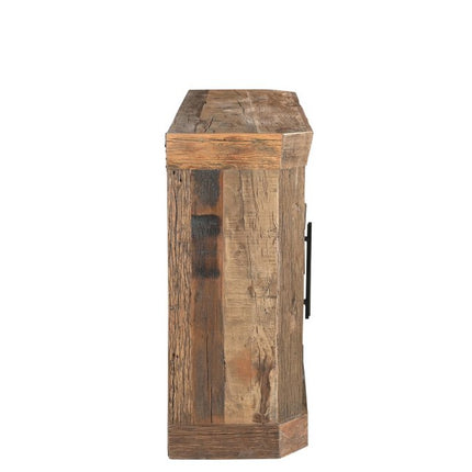 72" Brown Distressed Reclaimed Wood Sideboard With Four Glass Doors HomeRoots