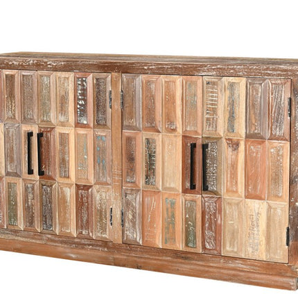 71" Brown Distressed Reclaimed Wood Carved Geometric Sideboard With Four Doors HomeRoots