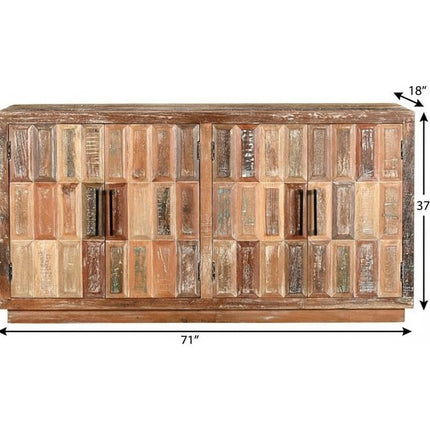 71" Brown Distressed Reclaimed Wood Carved Geometric Sideboard With Four Doors HomeRoots