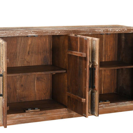 71" Brown Distressed Reclaimed Wood Carved Geometric Sideboard With Four Doors HomeRoots