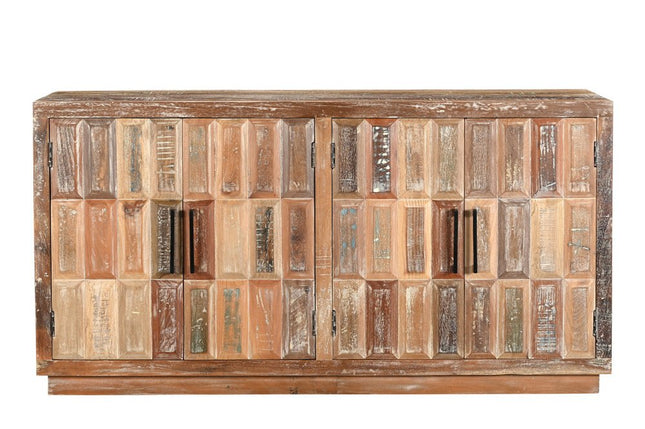 71" Brown Distressed Reclaimed Wood Carved Geometric Sideboard With Four Doors HomeRoots