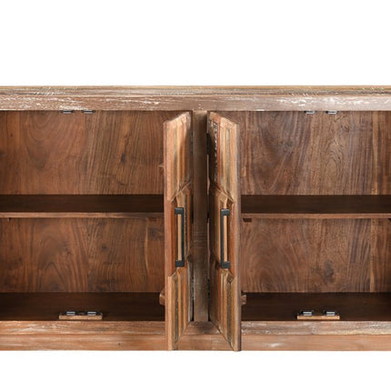 71" Brown Distressed Reclaimed Wood Carved Geometric Sideboard With Four Doors HomeRoots