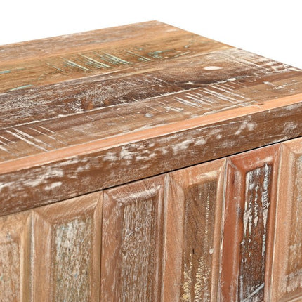 71" Brown Distressed Reclaimed Wood Carved Geometric Sideboard With Four Doors HomeRoots