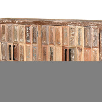 71" Brown Distressed Reclaimed Wood Carved Geometric Sideboard With Four Doors HomeRoots