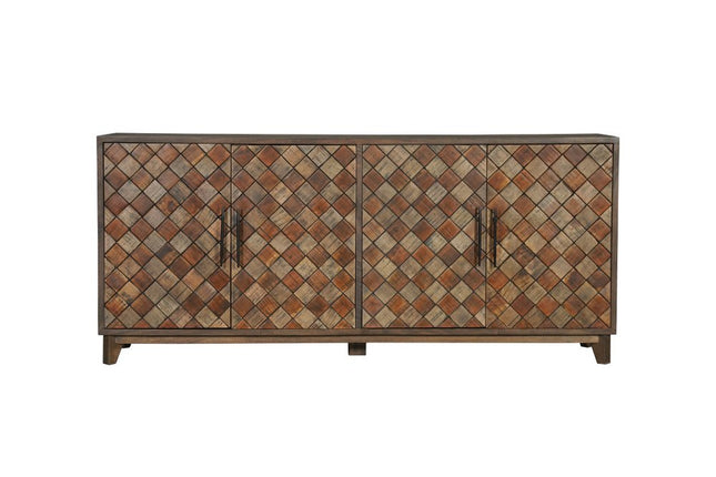 84" Brown Distressed Solid Wood Carved Geometric Sideboard With Four Doors HomeRoots