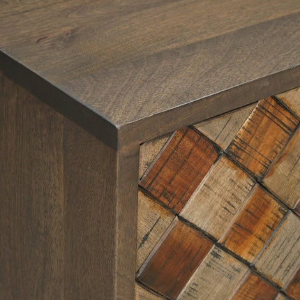 84" Brown Distressed Solid Wood Carved Geometric Sideboard With Four Doors HomeRoots