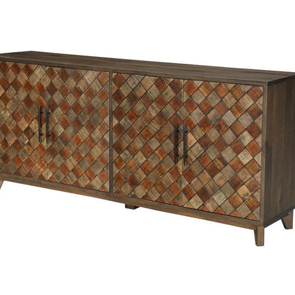 84" Brown Distressed Solid Wood Carved Geometric Sideboard With Four Doors HomeRoots