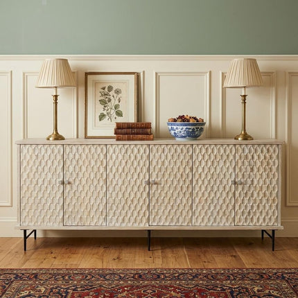 90" White Distressed Solid Wood Carved Scrollwork Sideboard with Six Doors HomeRoots