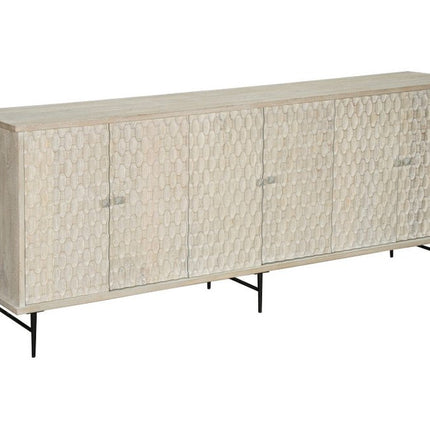 90" White Distressed Solid Wood Carved Scrollwork Sideboard with Six Doors HomeRoots