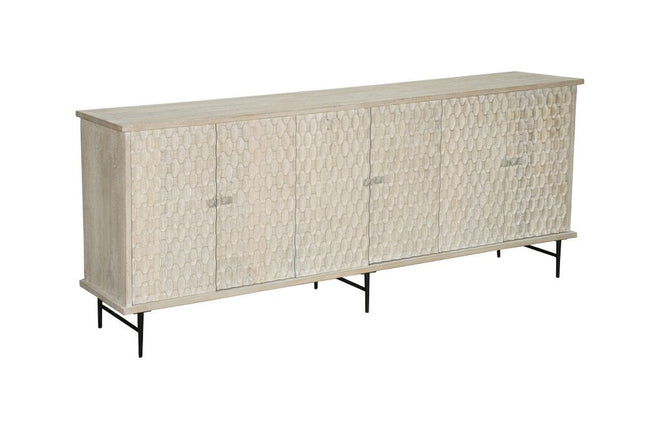 90" White Distressed Solid Wood Carved Scrollwork Sideboard with Six Doors HomeRoots