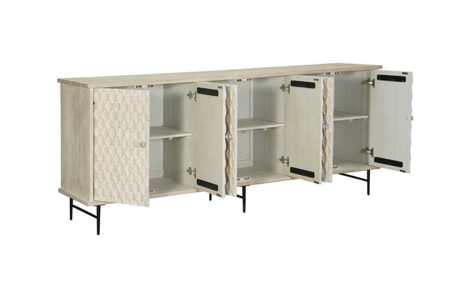90" White Distressed Solid Wood Carved Scrollwork Sideboard with Six Doors HomeRoots