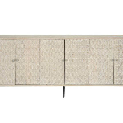 90" White Distressed Solid Wood Carved Scrollwork Sideboard with Six Doors HomeRoots