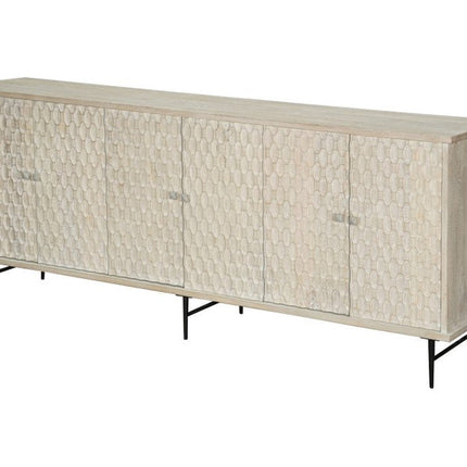 90" White Distressed Solid Wood Carved Scrollwork Sideboard with Six Doors HomeRoots