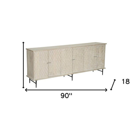 90" White Distressed Solid Wood Carved Scrollwork Sideboard with Six Doors HomeRoots