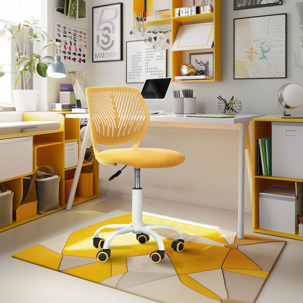 Yellow and White Adjustable Height Swivel Rolling Office Chair
