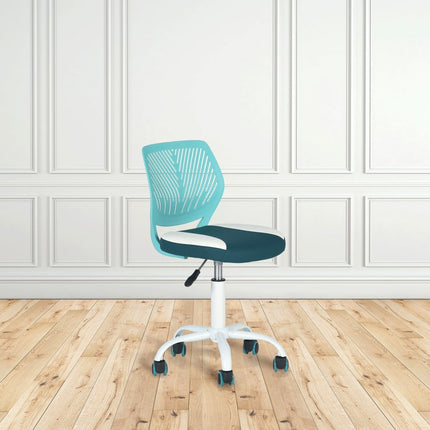 Aqua Teal Blue and White Adjustable Height Swivel Rolling Office Chair