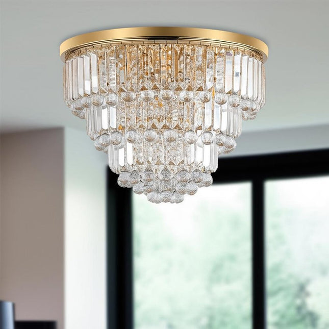 Gold Six Light Crystal Flush Chandelier With Gold Shades HomeRoots