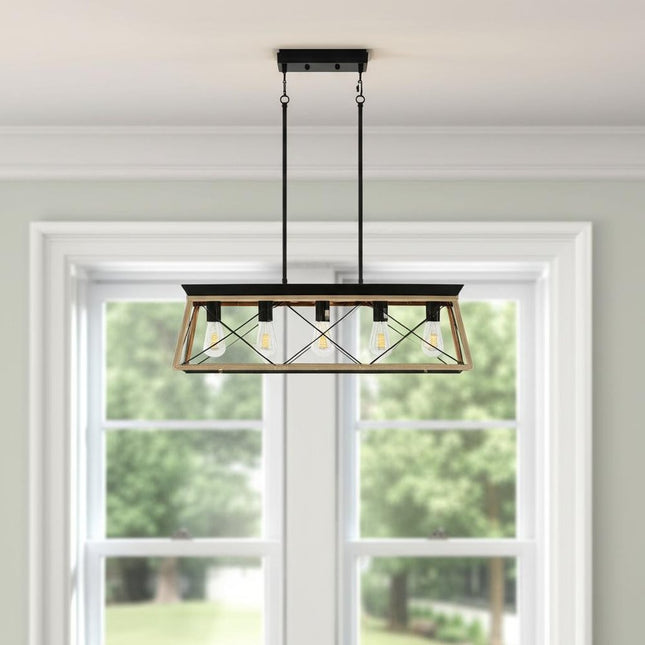 Oak Five Light Metal Chandelier With Oak Shades HomeRoots