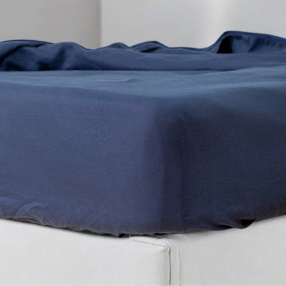 Navy Blue Linen King Fitted Sheet