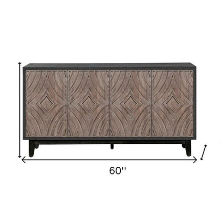 60" Charcoal and Brown Distressed Wood Sideboard with Four Doors HomeRoots