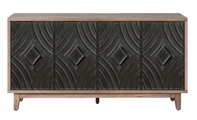 60" Brown and Charcoal Distressed Wood Sideboard with Four Doors HomeRoots