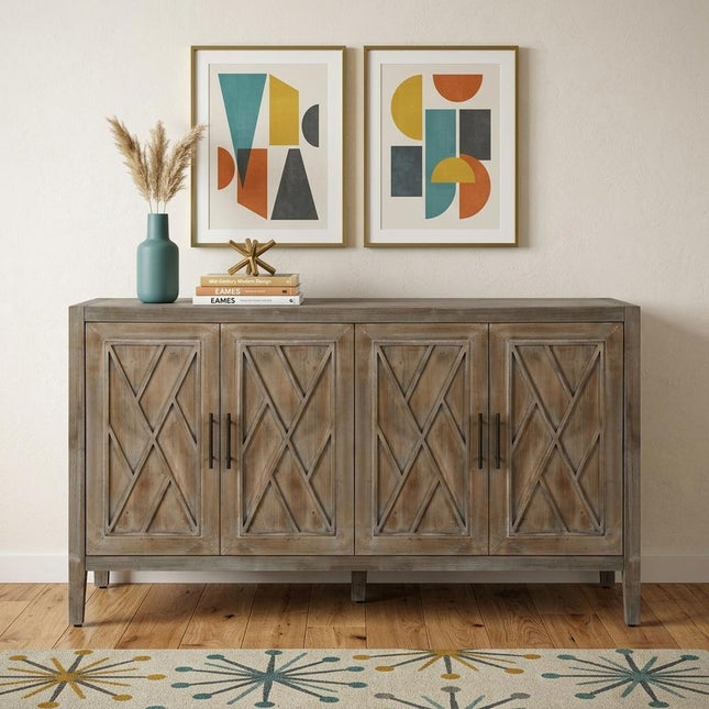 60" Natural and Brown Distressed Carved Geometric Sideboard with Four Doors HomeRoots