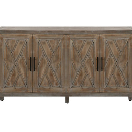 60" Natural and Brown Distressed Carved Geometric Sideboard with Four Doors HomeRoots