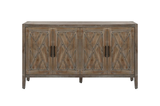 60" Natural and Brown Distressed Carved Geometric Sideboard with Four Doors HomeRoots