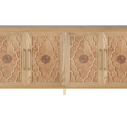 68" Natural Distressed Carved Geometric Sideboard with Four Doors HomeRoots