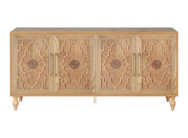 68" Natural Distressed Carved Geometric Sideboard with Four Doors HomeRoots