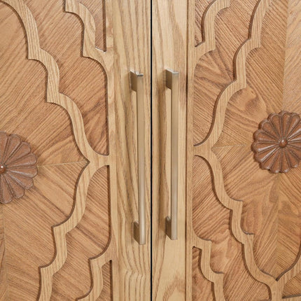 68" Natural Distressed Carved Geometric Sideboard with Four Doors HomeRoots
