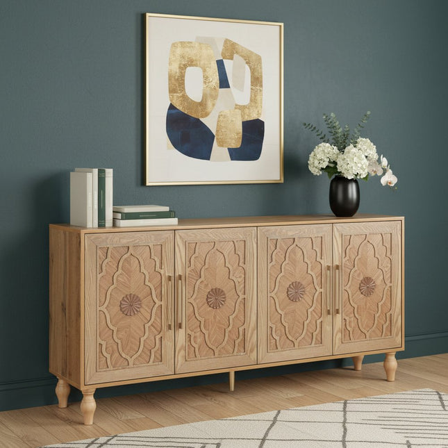 68" Natural Distressed Carved Geometric Sideboard with Four Doors HomeRoots