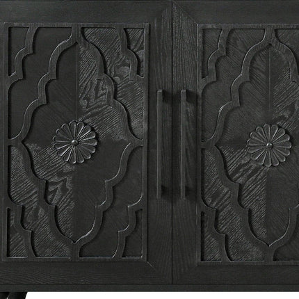 68" Black Distressed Carved Floral Sideboard with Four Doors HomeRoots