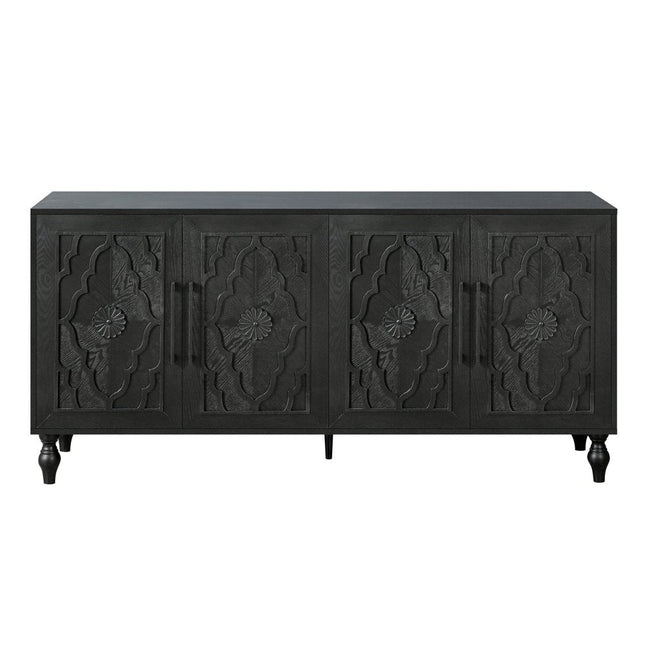 68" Black Distressed Carved Floral Sideboard with Four Doors HomeRoots