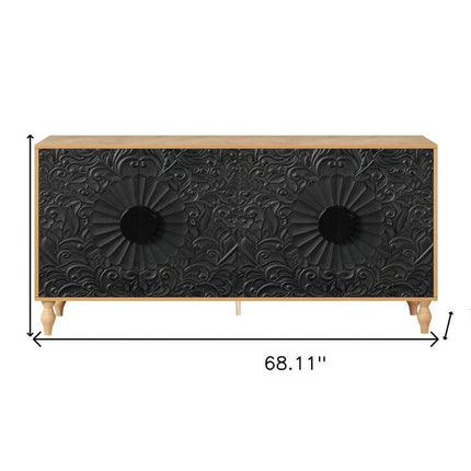 68" Natural and Black Distressed Carved Floral Sideboard with Four Doors HomeRoots