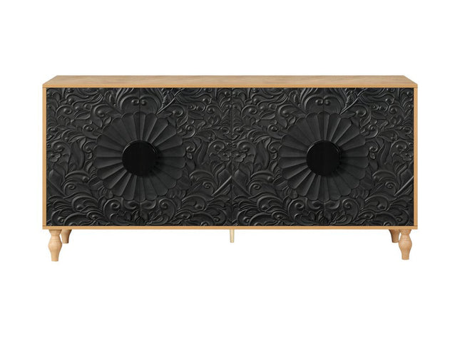 68" Natural and Black Distressed Carved Floral Sideboard with Four Doors HomeRoots
