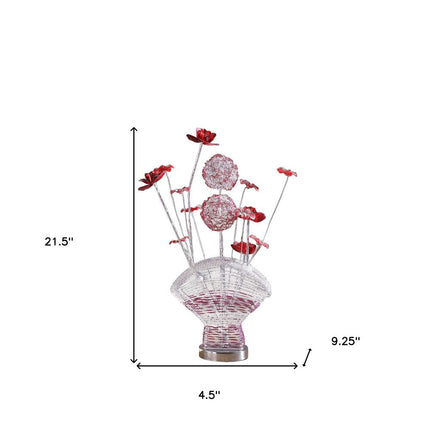 22" Silver and Clear Metal and Acrylic Red Rose Bedside Lamp HomeRoots