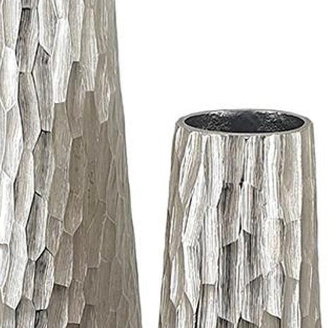 Set of Two Silver Cast Aluminum Textured Table Vases HomeRoots