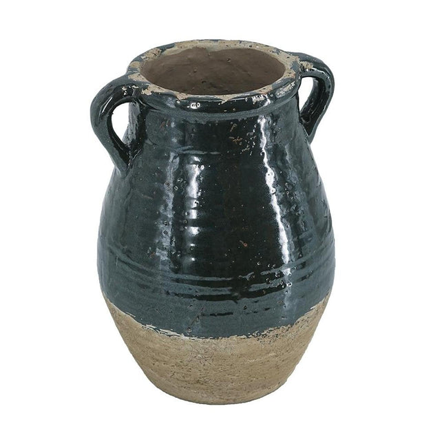 13" Forest Green And Sand Color Block Terracotta Round Jug Vase HomeRoots