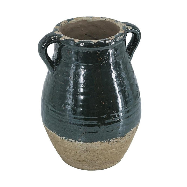 13" Forest Green And Sand Color Block Terracotta Round Jug Vase