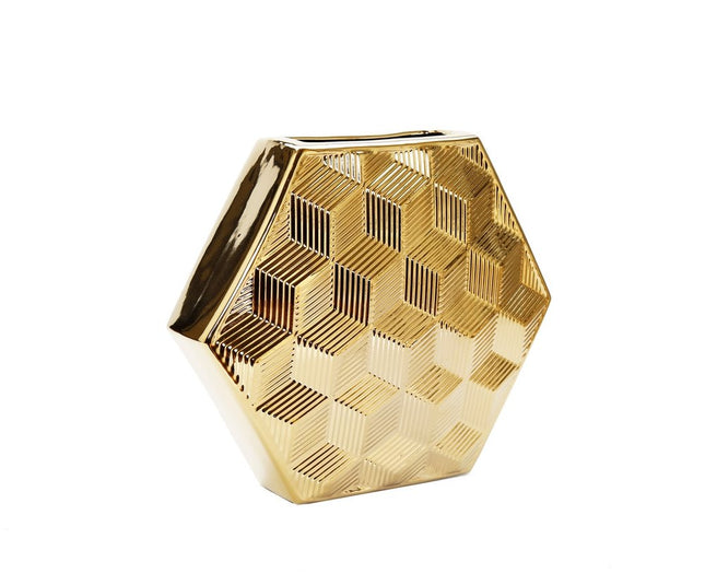 13" Gold Geometric Ceramic Table Vase With Sculptural Details HomeRoots