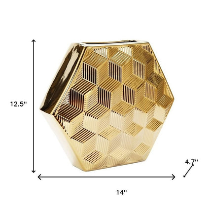 13" Gold Geometric Ceramic Table Vase With Sculptural Details HomeRoots
