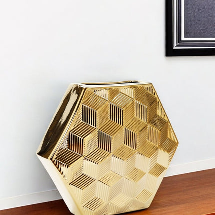 13" Gold Geometric Ceramic Table Vase With Sculptural Details HomeRoots